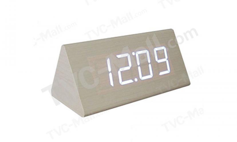 Get 20% off the Triangle LED Voice Control Wooden Alarm Clock w/ Digital Display!